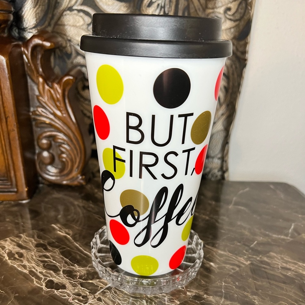 “But First Coffee” Plastic Polka Dot Travel Coffee Tumbler with Lid